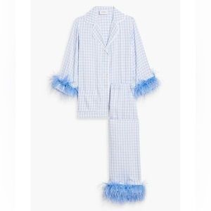 Women's Blue Party Checked Feather-embellished Twill Pajama Set